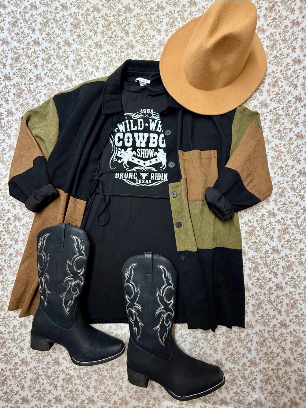 Western Outfit Bundle M Black Dress Cowboy Hat & Boots Size 8 Oversized Flannel